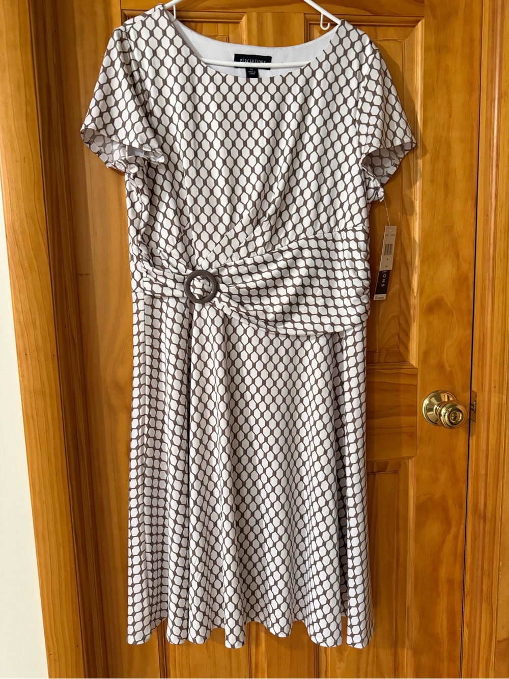 Perceptions Woman's Midi Dress in Cream and Brown Geometric Print
